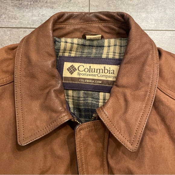 Columbia Long Leather Jacket Zip Up Flannel Lined - Picture 2 of 11